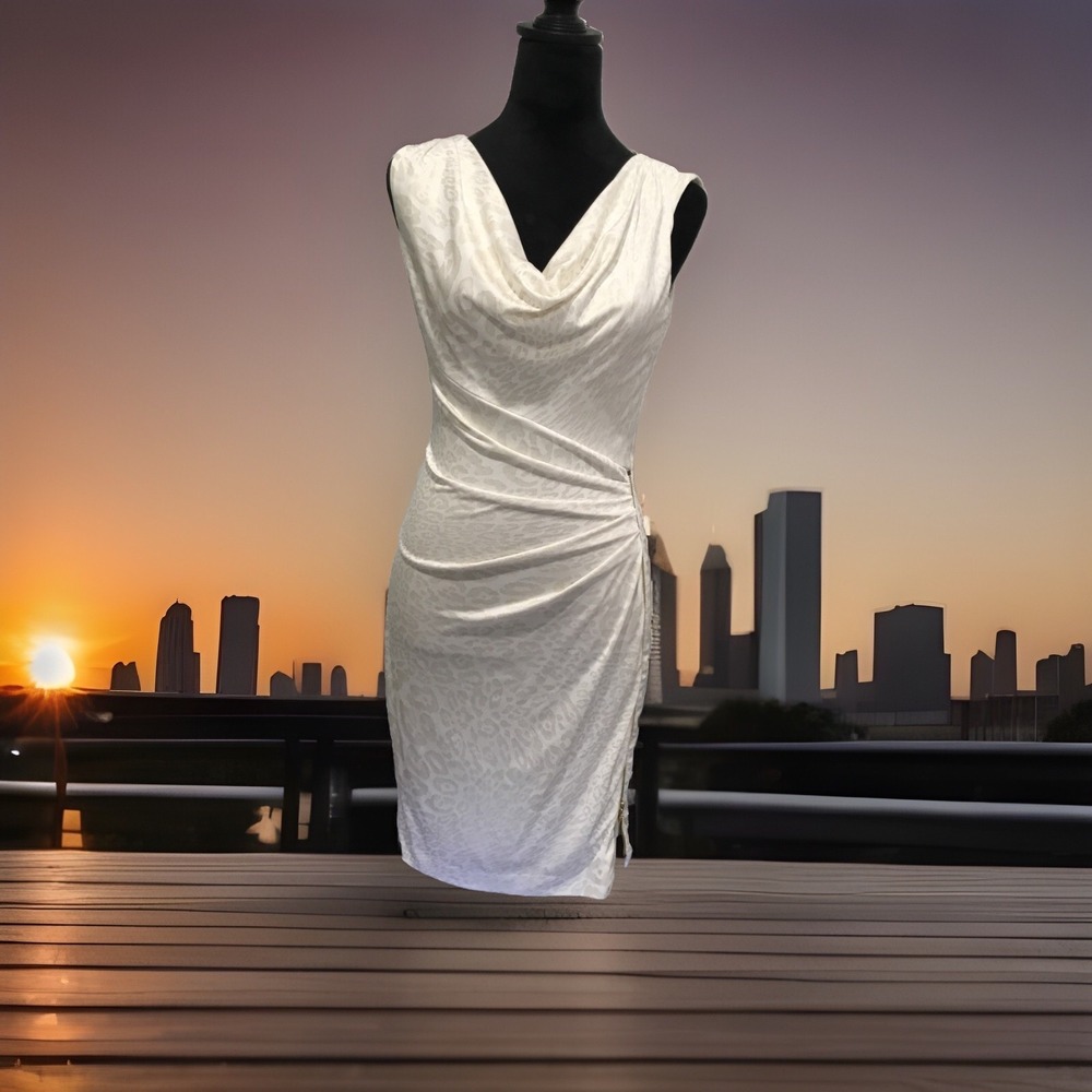cache dress Xs Cream gold leopard print Cowl neck zipper Rebelchic glam rock